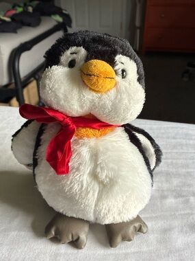 Plush Penguin Toy with Red Scarf - Soft Black, White & Yellow Cuddly Buddy